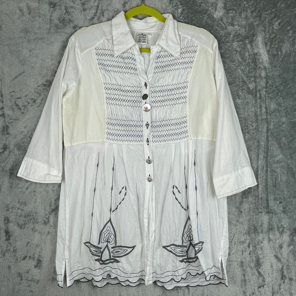 Parsley & Sage Tunic Top Large White Lagenlook Boho Artsy Embroidered‎ Shirt